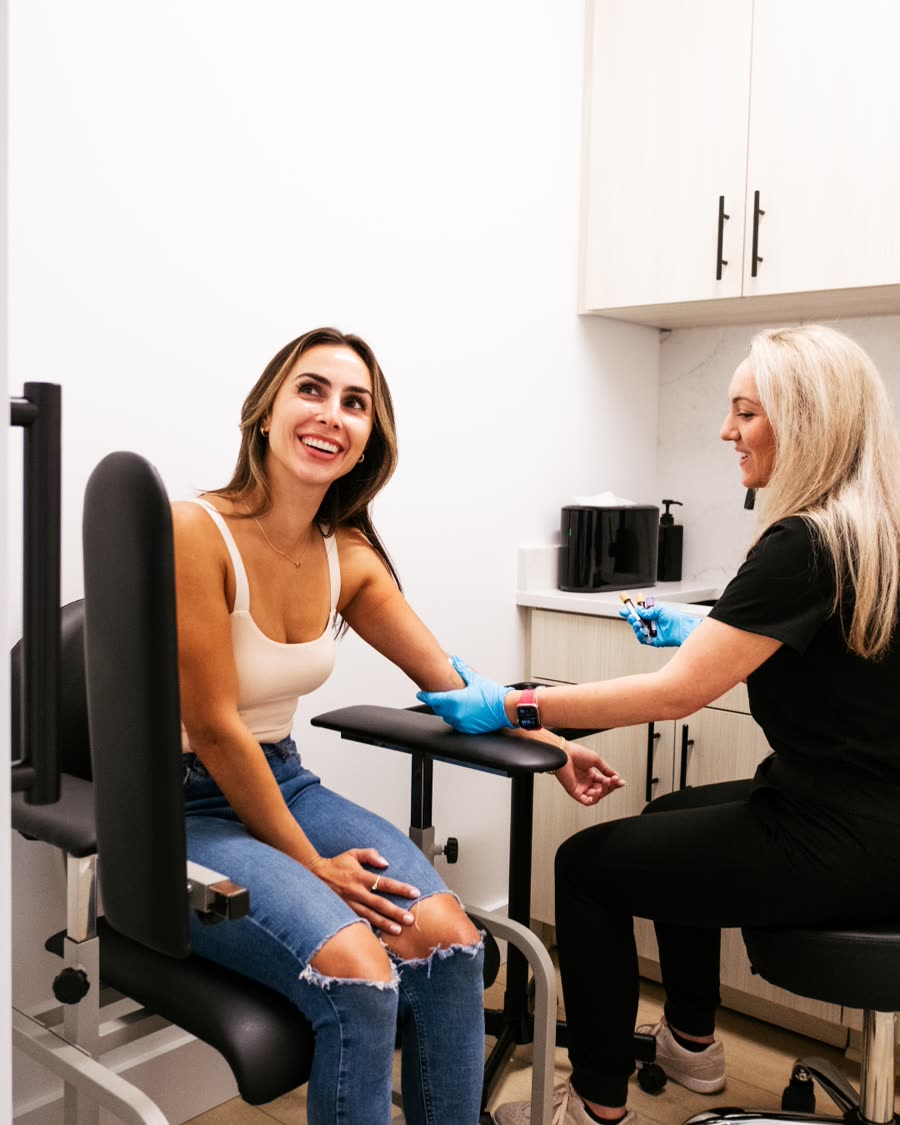 A clinician performs a comfortable blood draw for a hormone panel